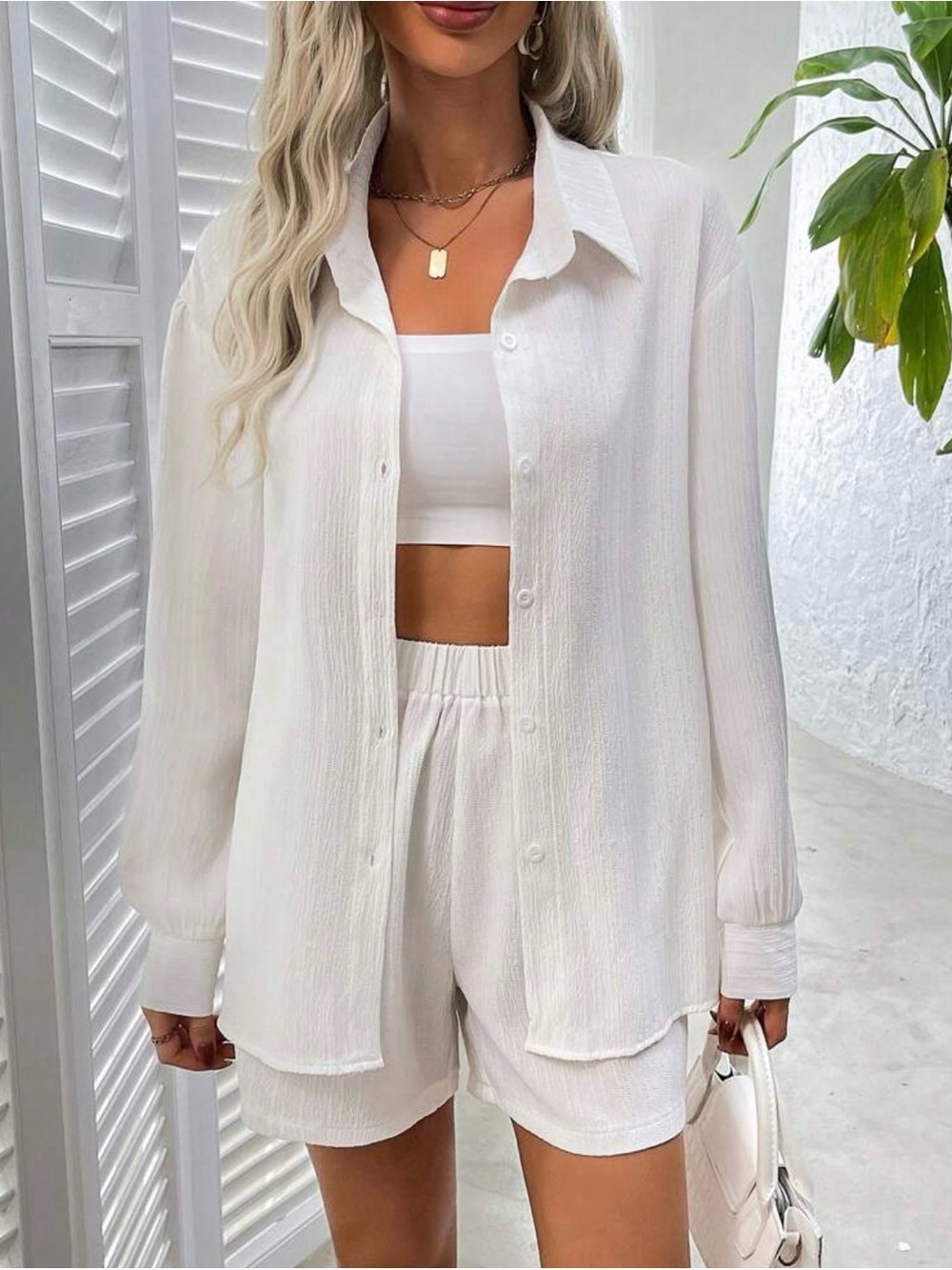 White Textured Button-Up Shirt & Shorts Set